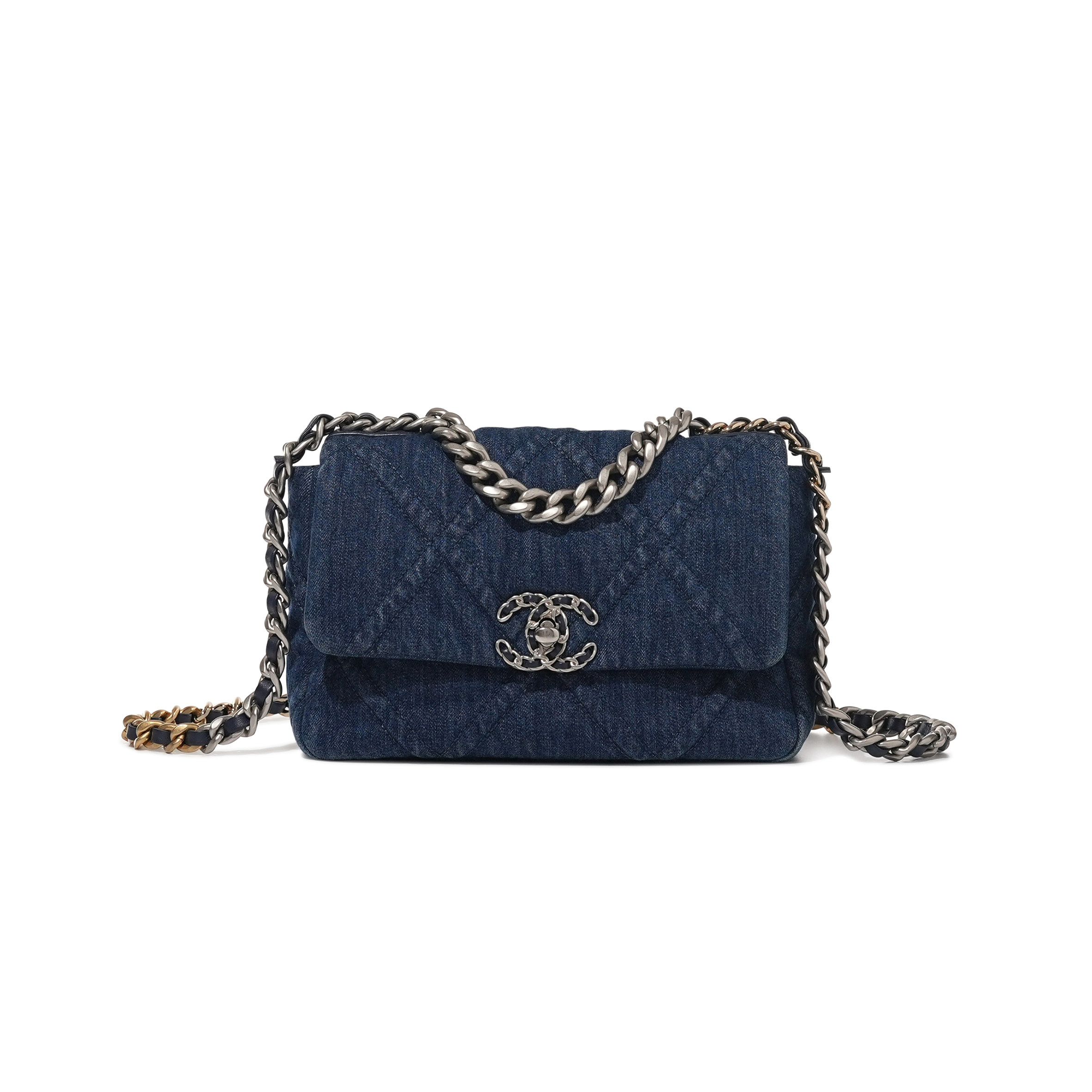 Ch*el blue quilted denim 19 flap bag ruthenium, brushed gold and pale gold hardware as1160 (26*16*9cm)